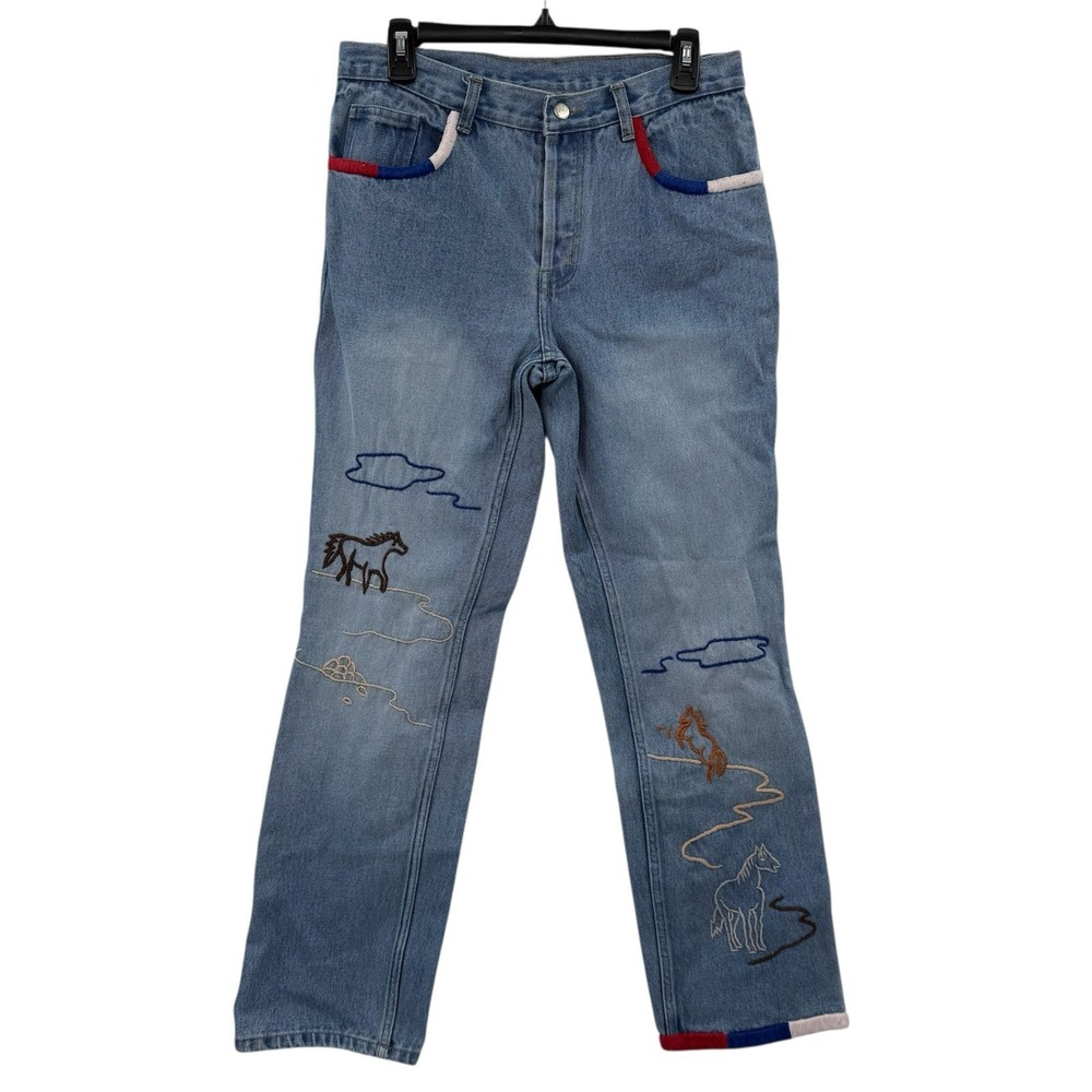 Rare Belle Pointe Denim Jeans Women Embroidered Pants size 8 horses rodeo